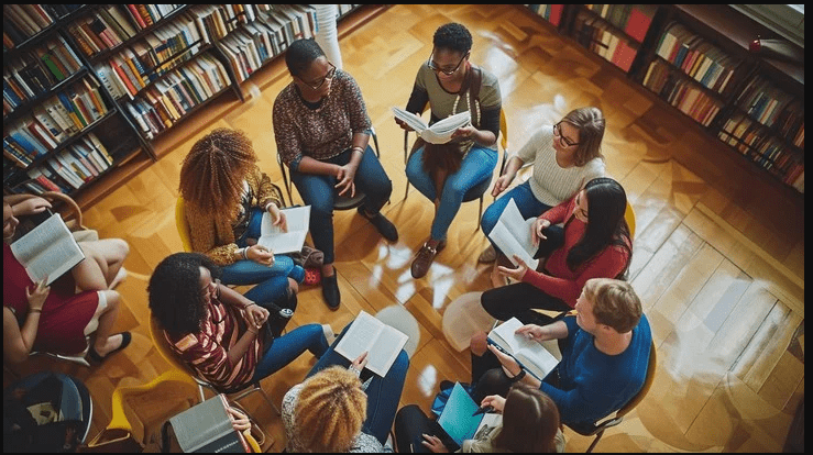Group of people reading together in library